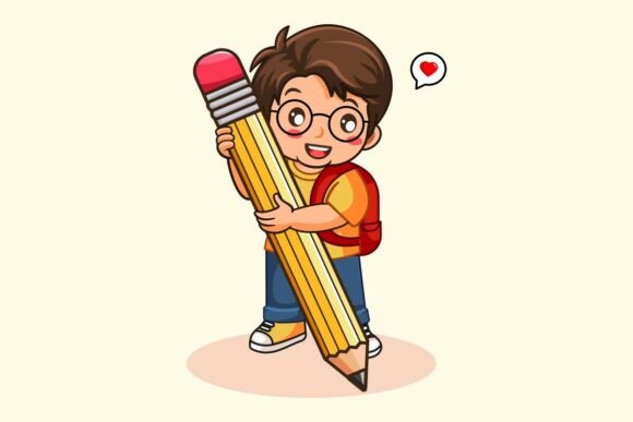 Happy Boy Student Holding Big Pencil Vec: A Versatile Asset for Educational Design