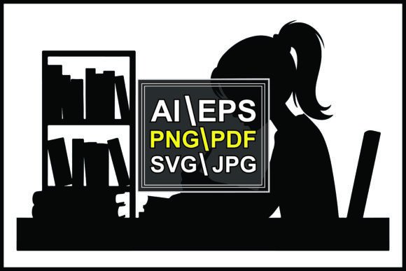 Silhouette Girl Studying at Desk Bookshelf: A Versatile Visual Resource for Education and Design