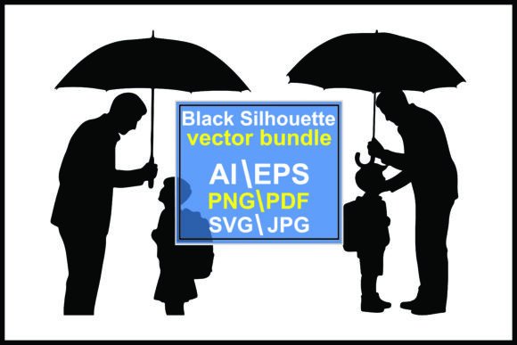 Silhouettes Adults Child Umbrellas Vector Bundle