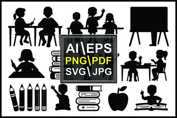 Silhouettes Children Reading Books Apple